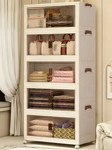 4-Tier Plastic Storage Cabinet, foldable design with doors, lids and movable wheels. Stackable structure, suitable for indoor closet tidying and outdoor daily storage use