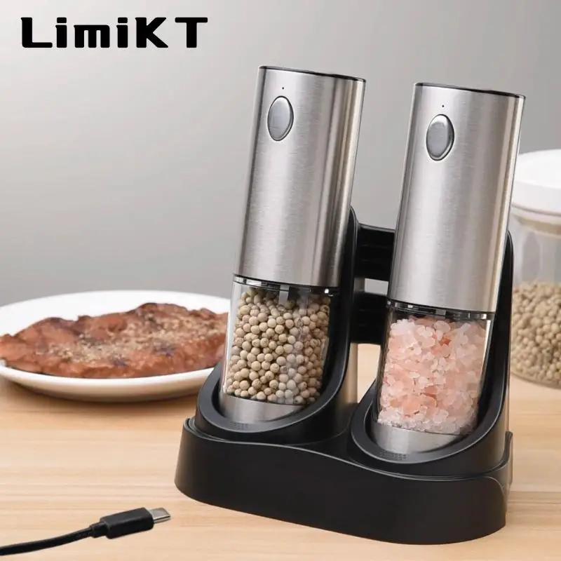 Limikt Electric Pepper Grinding Machine, 1 Set Sea Salt Grinding Machine, Grain Seasoning Grinding Machine Type-c Rechargeable Model with Base, Kitche
