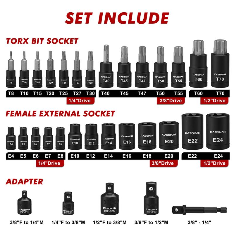 CASOMAN 32-Piece Torx Bit Socket and Female External Socket Set, 14 Star Bits (T8- T70) and 13 Female E-Torx Sockets (E4-E24), Include 5 Impact Socket Adapter Hex Combination Wrench Torque Screwdriver Wrench#TikTokShopBlackFriday