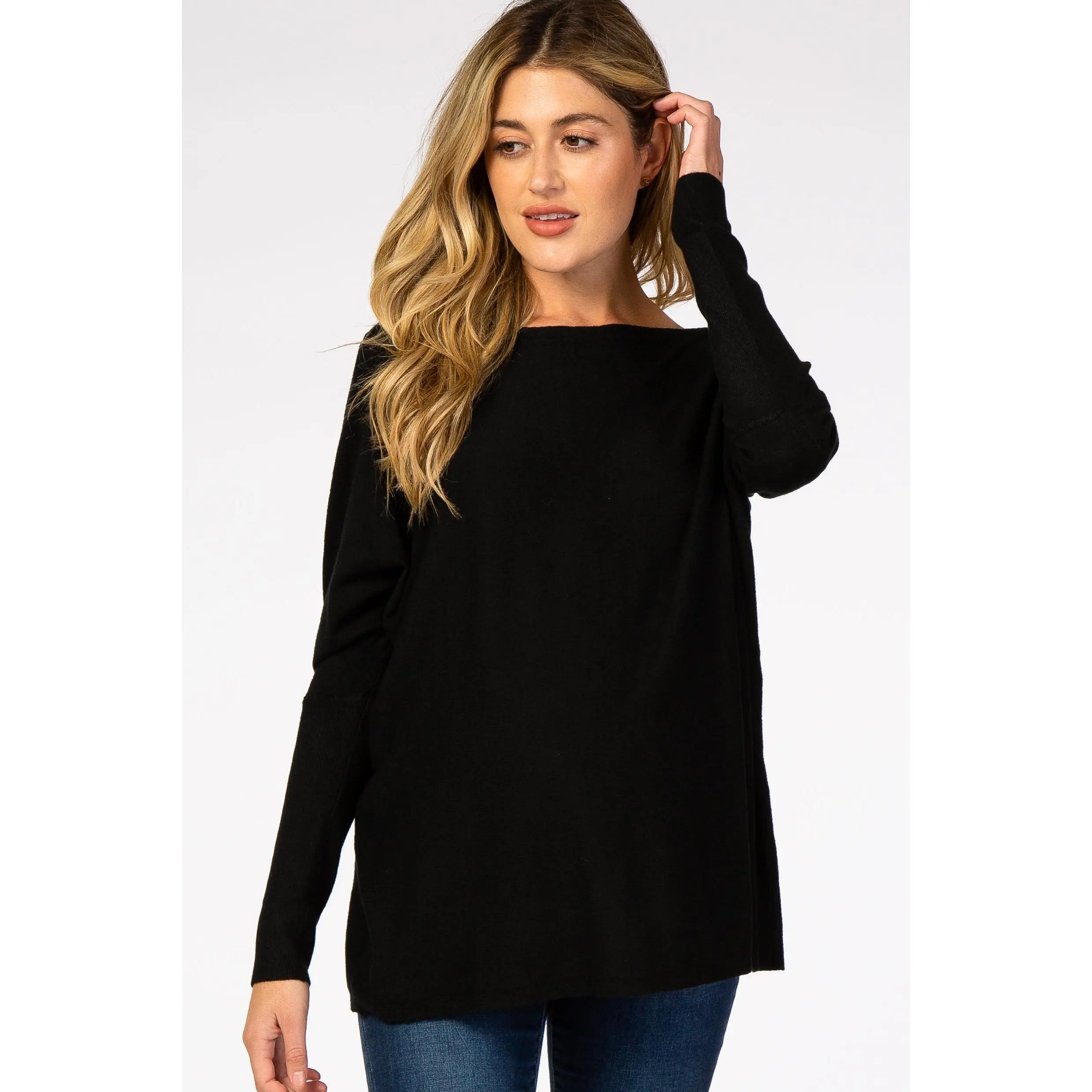 Black Soft Knit Boatneck Dolman Sleeve Maternity Sweater