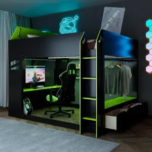 Bellemave  Full Size Wood Loft Bed with Height-adjustable Desk,Drawers,Storage Compartments,Hanging Rod and RGB Lights