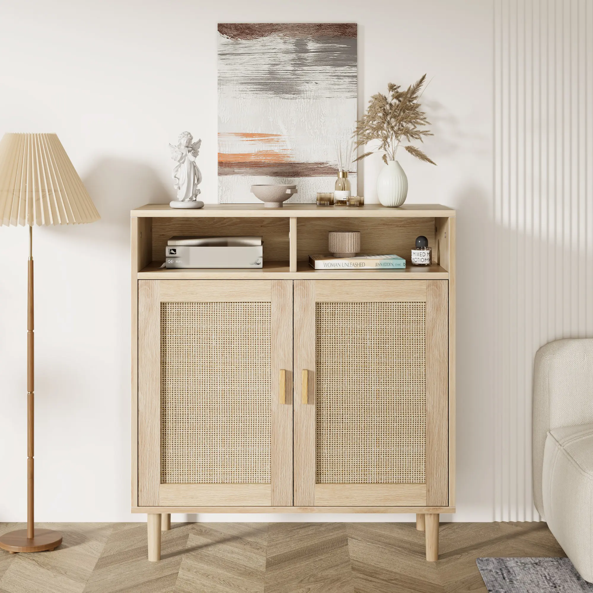 Rattan Sideboard Buffet Cabinet 36" - Modern Storage with 2 Doors & Adjustable Shelf, Entryway Coffee Bar Console for Dining Room, Coastal Farmhouse Style, Easy-Clean Woven Design
