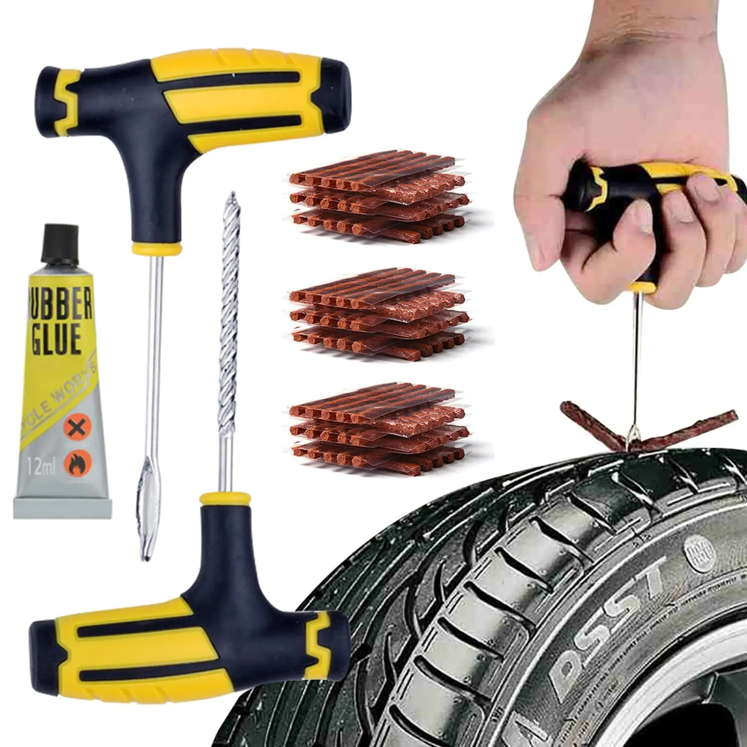 【Summerwins】Joytutus Flat Tire Puncture Repair Kit, 68-Piece Plug Set with 12ml Glue, Stainless Steel Bits, Durable Handles, Portable Automotive Maintenance Tools for Heavy-Duty Cars, Trucks
