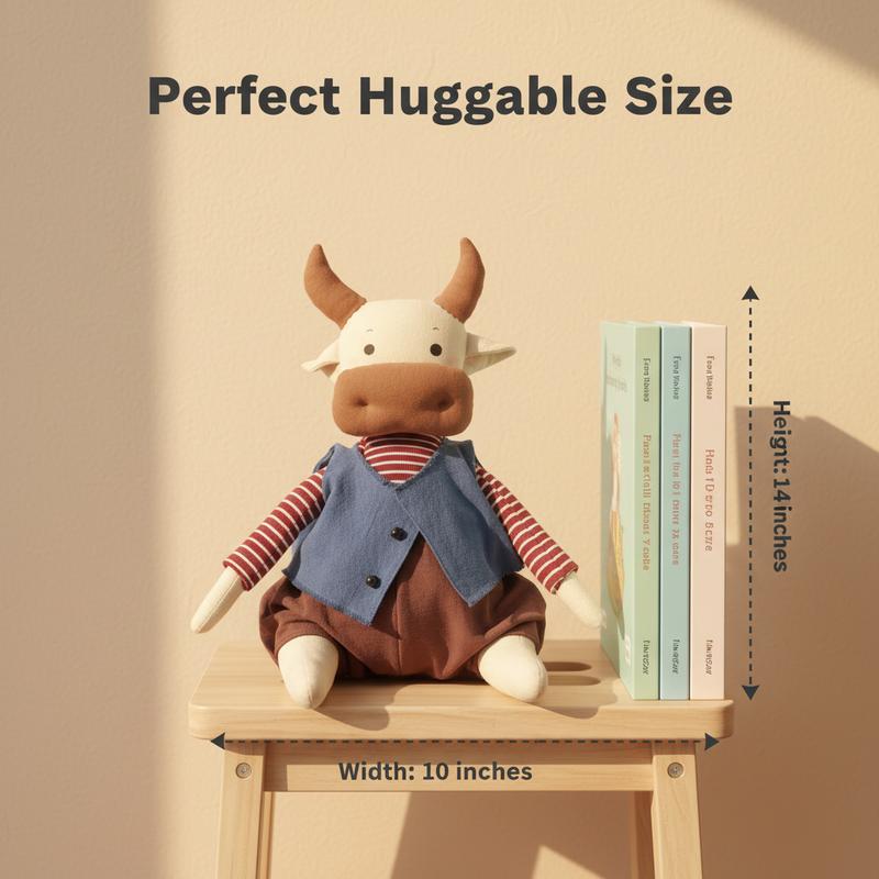 "Playful Cow Plush Toy – Made of soft fabric with a cozy touch, it’s the perfect snuggle buddy for little ones and a charming home decor accent. Ideal for gifting, like birthday presents!