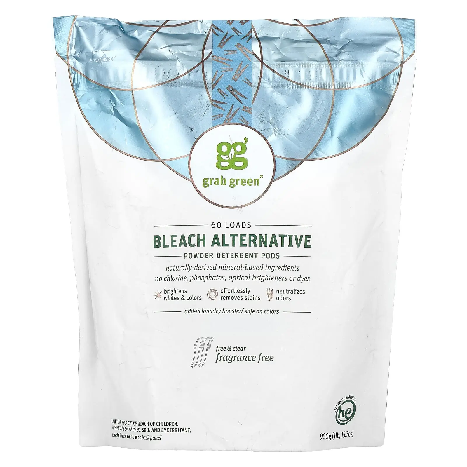 Grab Green Bleach Alternative, Powder Detergent Pods, Fragrance Free, 60 Loads, 1 lb 15.7 oz (900 g)