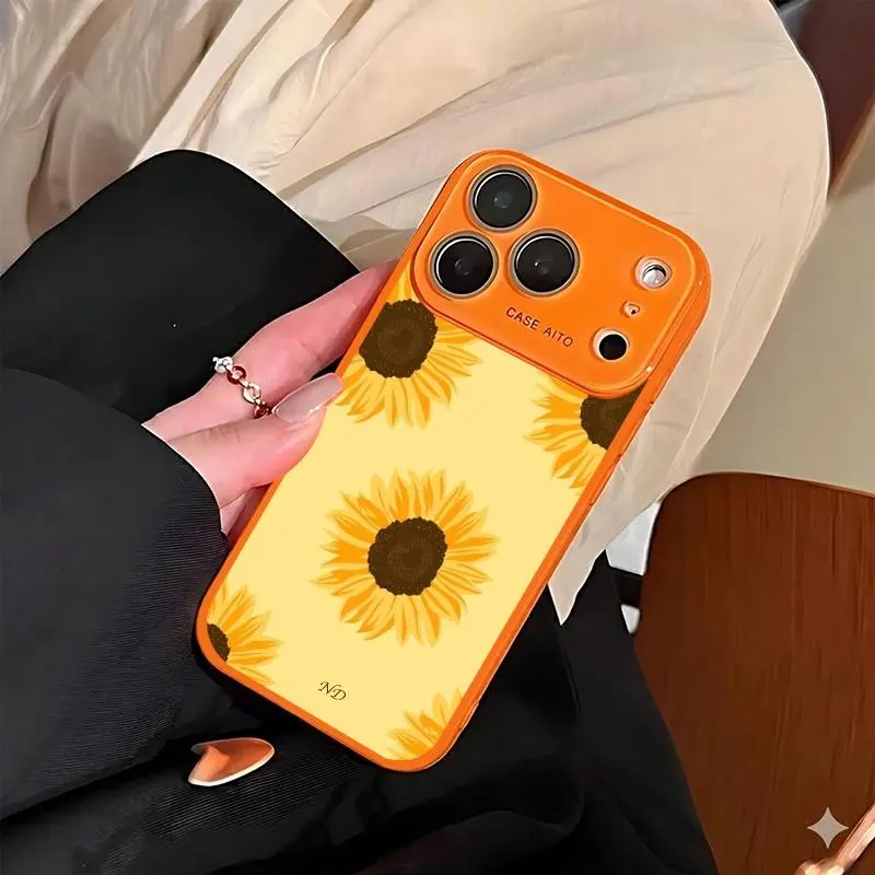 Light yellow phone case with sunflower print. Compatible with iPhone 17 Pro Max, 16 Pro Max, 15 Pro Max, and 14 Pro Max. Includes lens protection. Also compatible with iPhone 15, 14, 13, and 12. Made of skin-friendly TPU material.