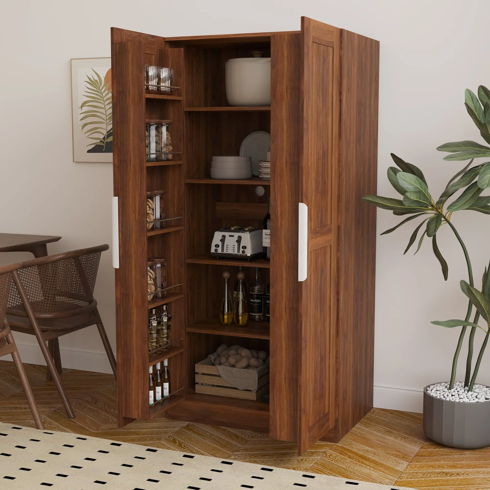 Walnut Kitchen Pantry Sideboard, 63in Tall 2-Door Cabinet