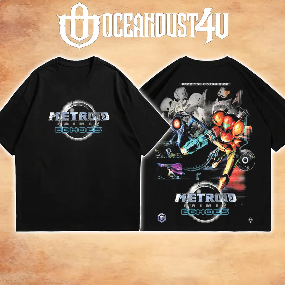 OceanMOB4U Metroid Prime 2 Echoes Samus Aran Black T-Shirt, Front and Back Graphic Gaming Tee, Sci-Fi Action Adventure Video Game Shirt, Unisex Gamer Gift