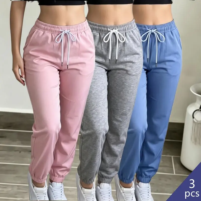 Women’s casual drawstring elastic-waist athletic pants，3/1pack ，made from quick-dry fabric—soft and comfortable. Jogger/cuffed style, machine washable, suitable for all seasons; perfect for everyday wear, outdoor activities, running, and home use.