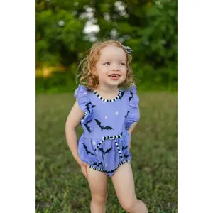 Batty Purple Knit Bat Print Bubble with Black and White Stripe Trim