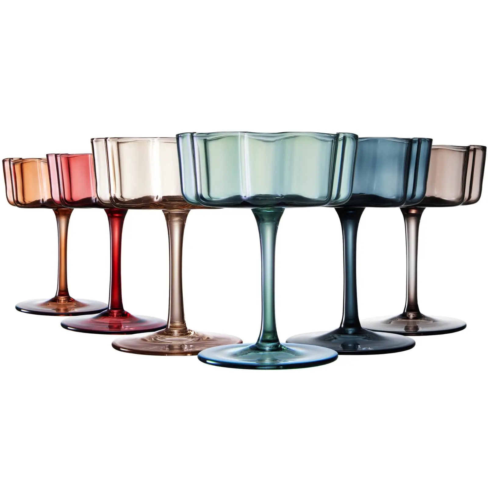 Khen Flower Vintage Wavy Glass Coupes Martini, Champagne & Cocktail Coupes - Set of 6-7oz Colorful Cocktail Glasses & Champagne, Prosecco, Mimosa Glassware Copyright Design - Muted Pastel Colors