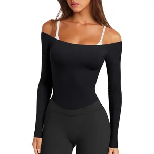 Womens Sexy Off The Shoulder Long Sleeve Workout Tops Strapless T Shirts Crop Top Casual Fall Outfits