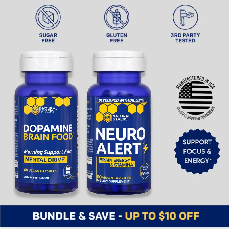 Dopamine Brain Food & NeuroAlert Stack Supplement Bundle - lasting mental energy w/L-Tyrosine, enfinity Paraxanthine, NADH, & more. Energy supplement with no crash.*