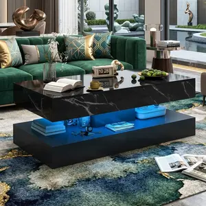 Modern Double Layer LED Coffee Table USB Powered Glow Light Marbling Pattern High Glossy Living Room Center Table 2 Sliding Drawers Large Size Home Storage Leisure End Table