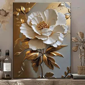 High-Definition Printed Oil Painting,  Shimmering Flower Wall Decor, Cream Botanical Abstract Painting, Pine Wood Framed Wrapped Canvas, Ready to Hang for Living Room, Bedroom, Bathroom, Hallway, Office, Bar Ornaments Artistic Decoration Photo