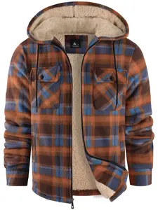 SR Men's Plaid Heavyweight Fleece Hoodie Jacket - Loose-Fit Outdoor Street Style Warm Casual Coat for Fall, Winter Running
