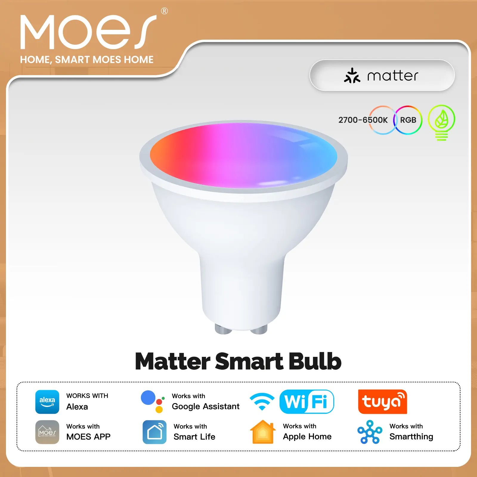 MOES Matter GU10 Smart Bulb - Dimmable White & 16M Colors, Works with Apple Home, Amazon Alexa, Google Assistant, SmartThings, Schedules/Timers/Voice Control, for Downlights & Table Lamps