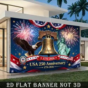 2D Flat Banner Polyester Photography Backdrop, HD Digitally Printed American Patriotic USA 250th Anniversary Theme featuring Liberty Bell, Bald Eagle, Statue of Liberty, and Fireworks for National Day Parties and Event Decor