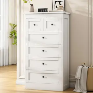 Tall 6 Drawer Dresser for Bedroom, White Modern 43.3'' Tall Wood Chest of Drawers, Storage Organizer with Smooth Metal Rails & Anti-Tip Kit for Closet, Hallway, Living Room girl gift