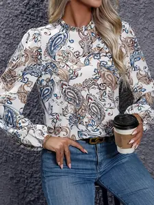 A set of women's casual retro patterned Long Sleeve Fitted shirts, suitable for autumn and winter, suitable for home, indoor, and outdoor wear