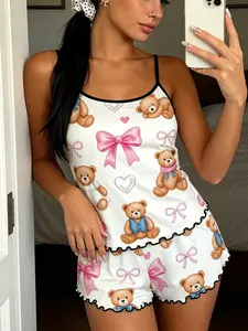 Adorable Bear Heart Print Womenswear Pajama Set, Sleeveless Above Knee Sleepwear Loungewear, Sweet Cool Style, Breathable Home Wear, Slim Fit Pjs