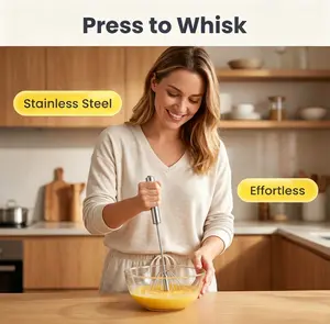Stainless Steel Semi Automatic Whisk Egg Beater Whizzy Whisk, Hand Push Blender Kitchen Mixer Wisking Tool for Blending Cooking Gadgets(12in)