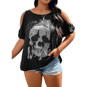 Women's Plus Size Graphic Tees Skull Print Cold Shoulder Short Sleeve Summer T Shirt Tops