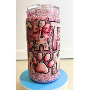 Pink Cat Mom Glitter Snowglobe Tumbler Cup 16oz with Bow and Paw Design for Cat Lovers
