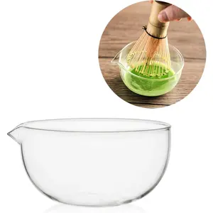 Clear Japanese Style 370ML Transparent No Lines Glass Matcha Bowl With Pouring Spout, Ceremonial Mixing Chawan Hammer Spouted Matcha Mixer Green Tea Cup