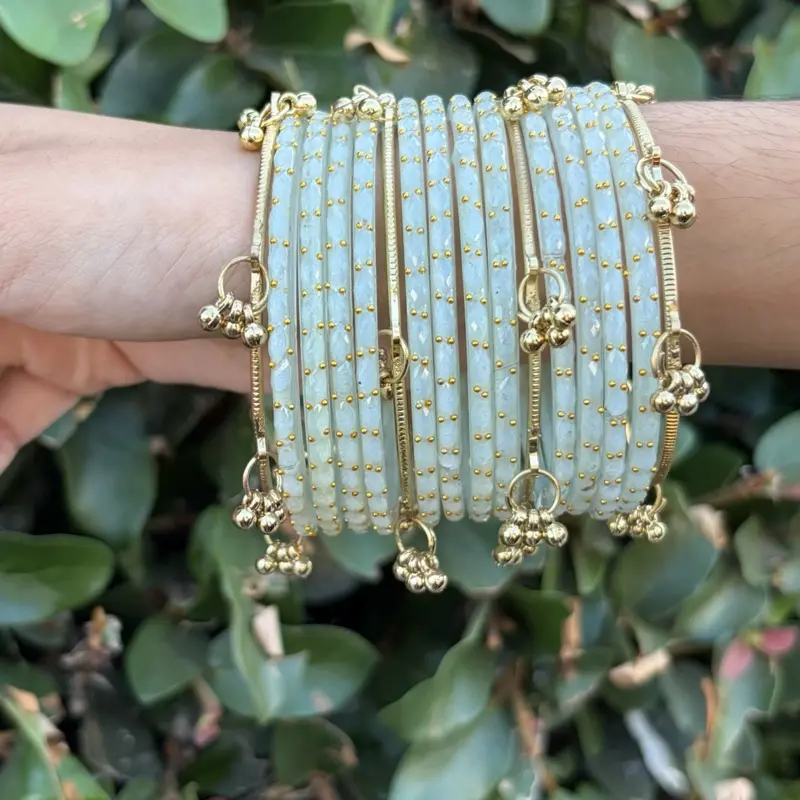 Premium Raindrop Glass Bangles with Kashmiri Ghungroo Bangles. Indian Stacking Bracelets with Sparkle (16 Pc Set) Size 2.6
