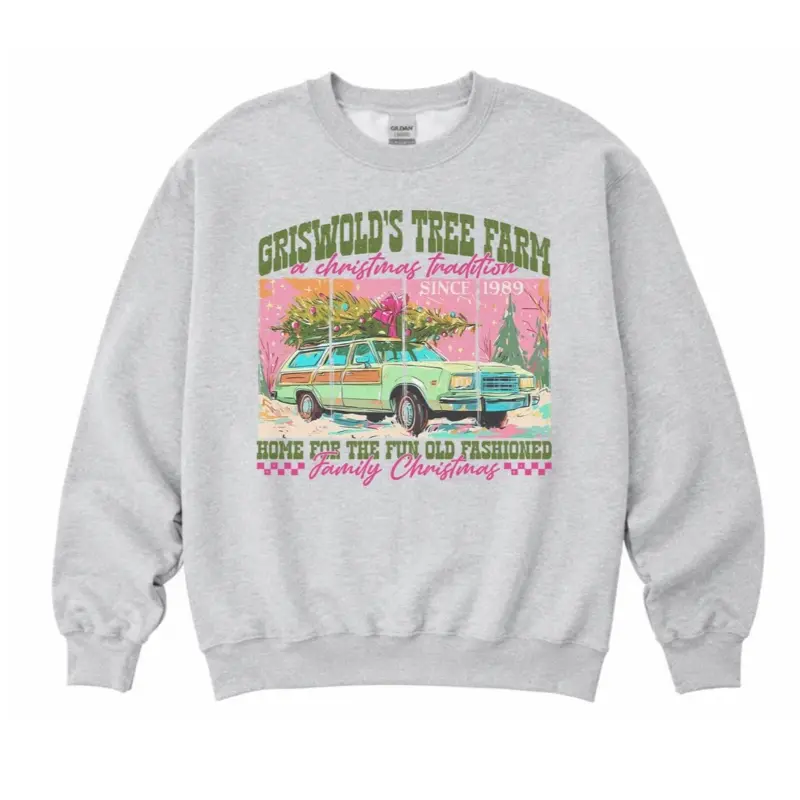 Griswold’s Tree Farm Pink Sweatshirt - Ash Grey Jersey Fabric - Christmas Sweatshirt