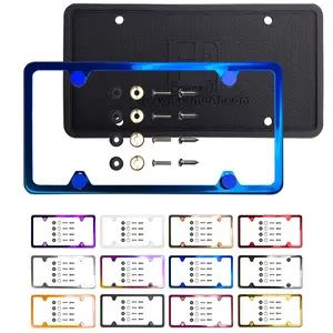 Silicone Back Guard Four Holes Slim License Plate Frame Combo Blue Mirror Chrome Electroplating Universal Fit Aluminum Screw On Cap Cover, T304 Stainless Steel, Rust Proof Weather Proof (Qty: 1 Frame)