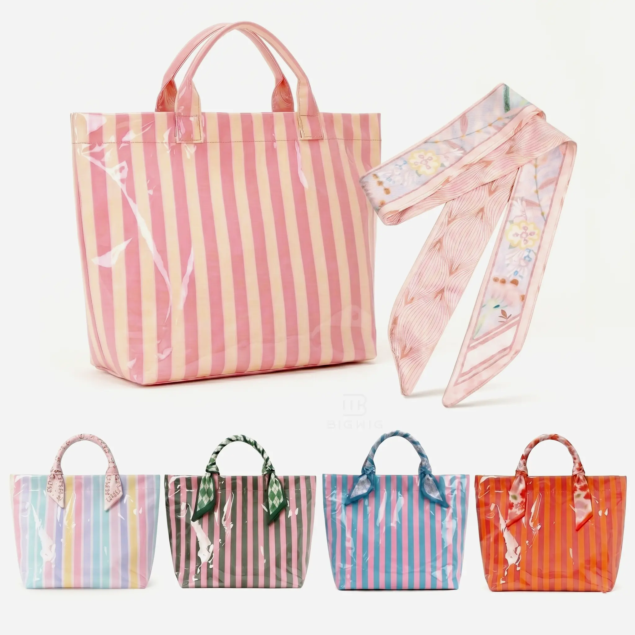Cute Striped Tote Gift Bag with Decorative Scarf Waterproof Beach Shoulder Bag Large Capacity Reusable Shopping Bag for Women