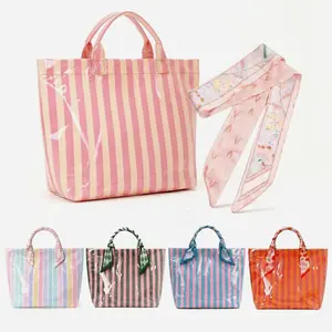 Cute Striped Tote Gift Bag with Decorative Scarf Waterproof Beach Shoulder Bag Large Capacity Reusable Shopping Bag for Women