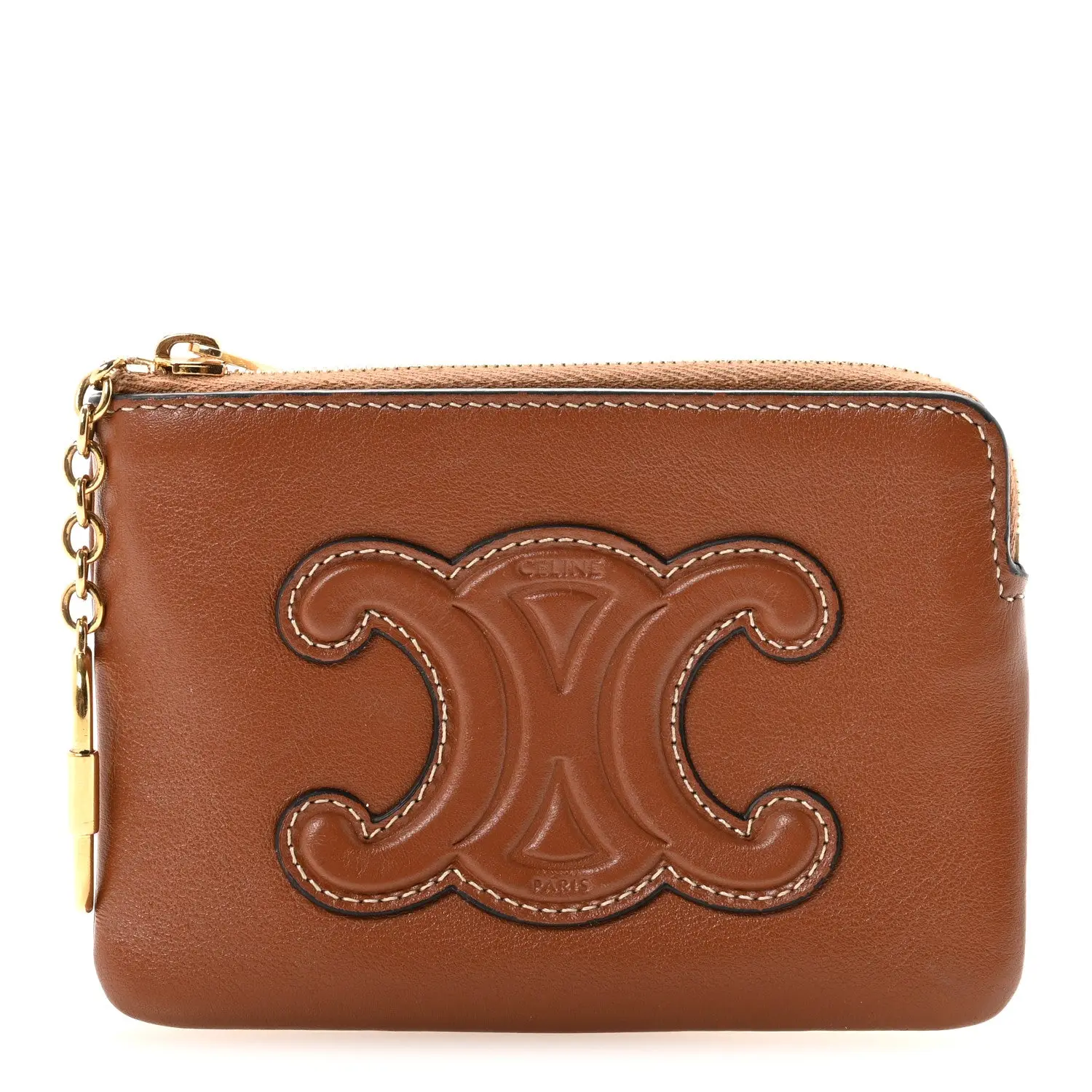 Pre-owned Celine Leather Small Leather Goods Smooth Calfskin Cuir Triomphe Coin and Card Pouch With Hook Tan
