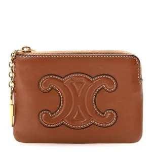 Pre-owned Celine Leather Small Leather Goods Smooth Calfskin Cuir Triomphe Coin and Card Pouch With Hook Tan