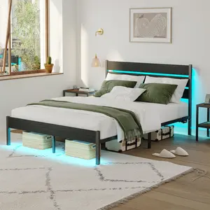 CollaredEagle Twin/Full Bed Frame with Charging Station, LED Light Metal Bed Frame with Wooden Headboard, No Box Spring Required, No Noise, Easy Assembly, Rustic Brown. Platform Bedframe