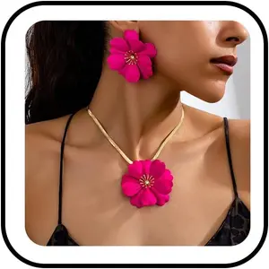 Flower Necklace Earring Set  Snake Chain Necklace Bohemian Red  Choker Necklaces  Statement Flower Stud Earrings Elegant Bridal Wedding Summer Beach