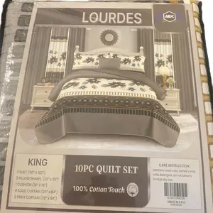 Lourdes 10 pc Quilt Set King Size 100% Cotton Touch 1 Quilt 2 Pillow Shams 4 Solid Curtains 2 Print Curtains