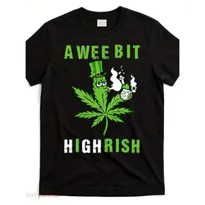 Men'S Funny 420 Weed St. Patrick'S Day T-Shirt - Irish Pot Smoking Graphic Tee with "A Wee Bit Highrish" Slogan & Irish Flag Design - 100% Breathable Crew Neck, Casual Short Sleeve Shirt for St. Paddy'S Day Parties & Casual Attire - Humorous Gift fo