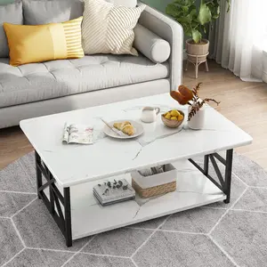 Farmhouse Coffee Table - AWQM 2-Tier Rectangular Table with Storage Shelf, Round Corners, Grey, 39.37×21.65 Inches
