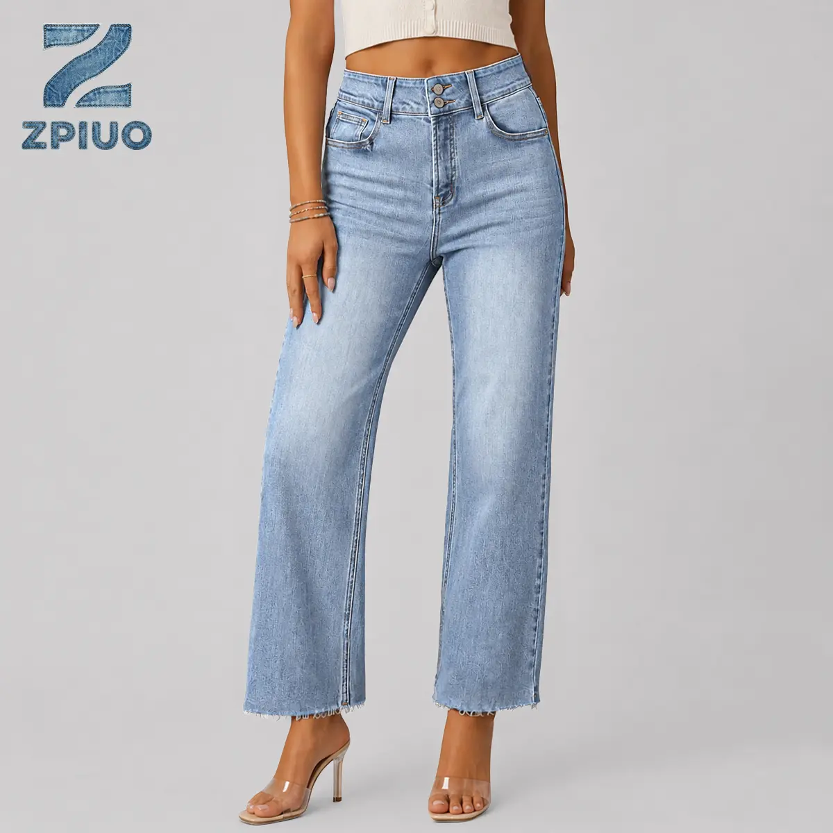 Women's Cotton High-Waist Jeans - 90s Straight Style Loose Straight Leg, Double Button, Zipper, Cropped Raw Hem, Premium Fabric, Blue, for Office & Street Wear (Size 10), Streetwear, Pocket