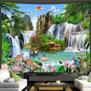 extra large size - pavilion waterfall feng shui landscape photo huge digital printing tapestry, Tapestry wall mural, polyester aesthetic high definition printing hanging cloth, home party decoration, free installation, Wall Tapestry