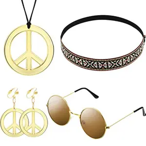4 Pcs 70s Accessories Women Hippie Costume Set Sunglasses Necklace Earrings Headband Outfits for Carnival Halloween 70s 60s Party Accessories