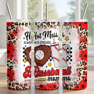 Funny Baseball Mom Tumbler 20oz - 18/8 Food-Grade Stainless Steel Insulated Cup with Sliding Lid, Metal Straw & Brush - "Hot Mess Always Stressed" Leopard Design, Sports Mama Gift - Red Glitter Effect Wrap - Ships in 2 Days