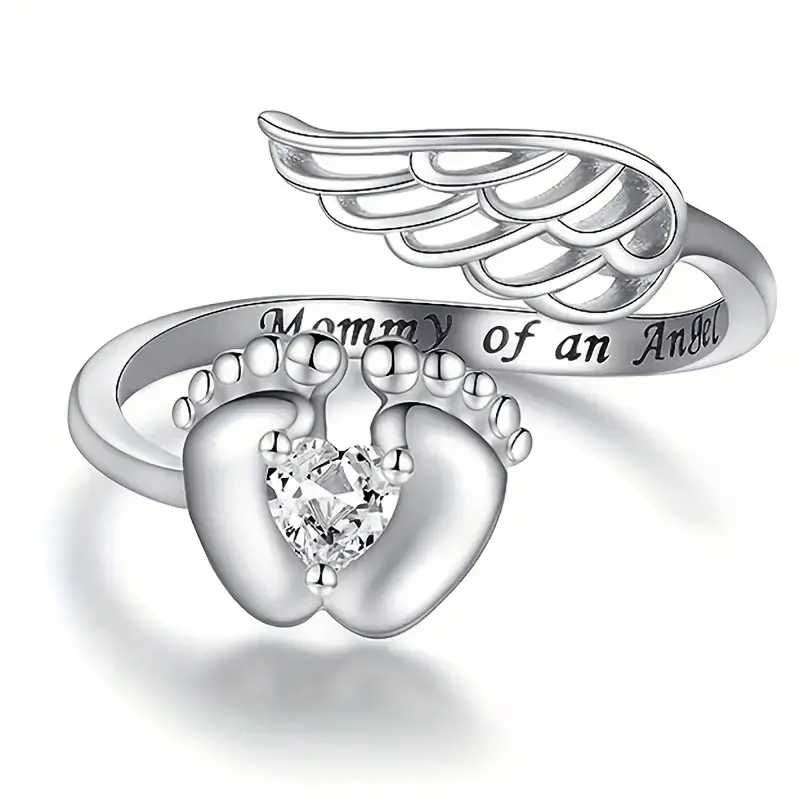 Fashion Mommy Commemorative Statement Ring - Baby Footprint, Angel Wing Memorial Costume Jewelry, Commemorative Ring