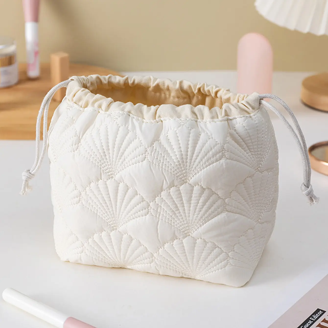 Drawstring Cosmetic Bag With Embossed Print, Large Capacity Drawstring Cosmetic Bag, Multifunctional Storage Bag, Coin Purse, Square Cosmetic Bag, Christmas Gift, Skin Care Bag, Makeup Organizer Pouch, Travel Cosmetic Bag, Travel Accessory, Cosmetics Bag