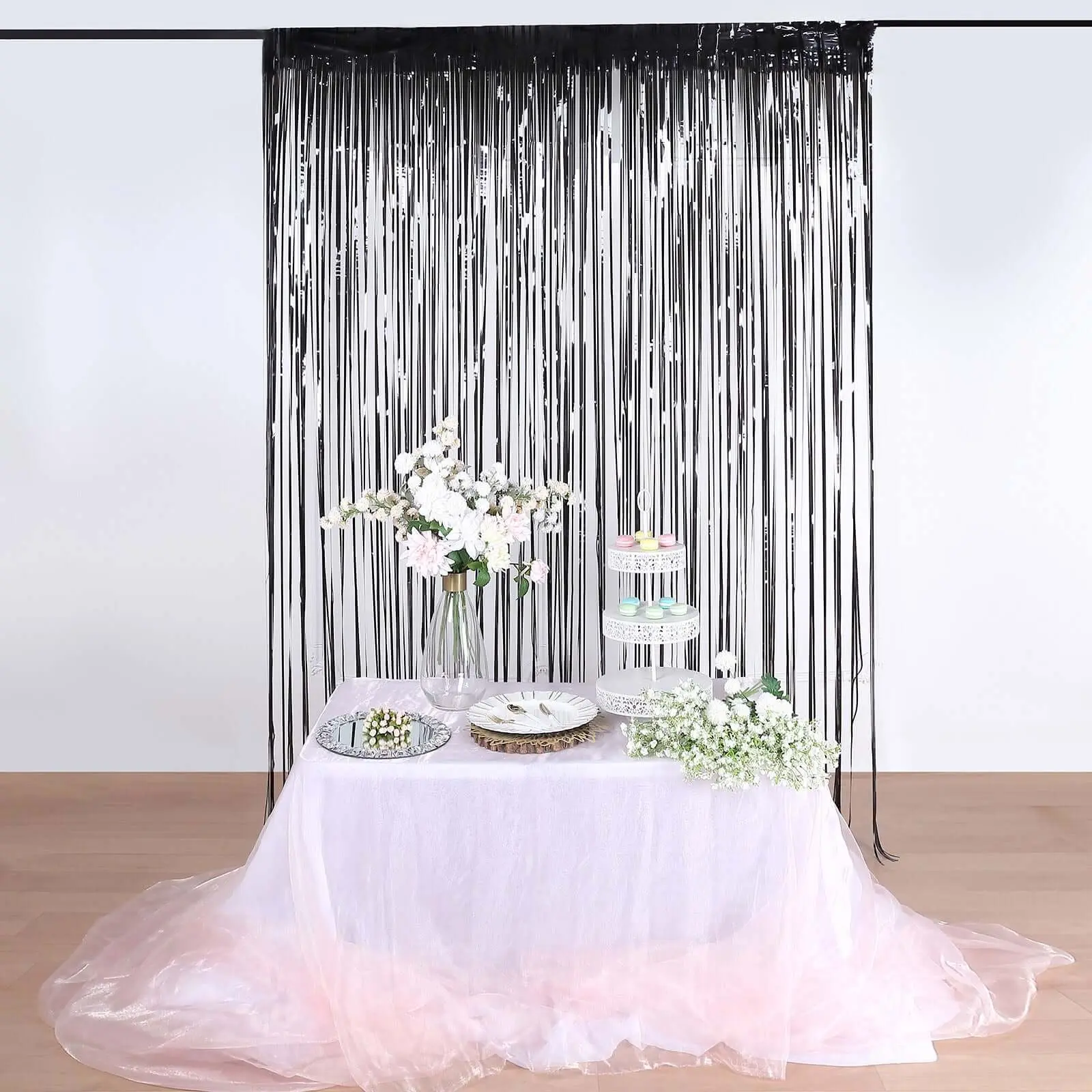 Black Metallic Tinsel Foil Fringe Backdrop Curtain, 8ft Tall Single Curtain, Stickon Setup Party Decor Prop for Doorway Party Backdrops