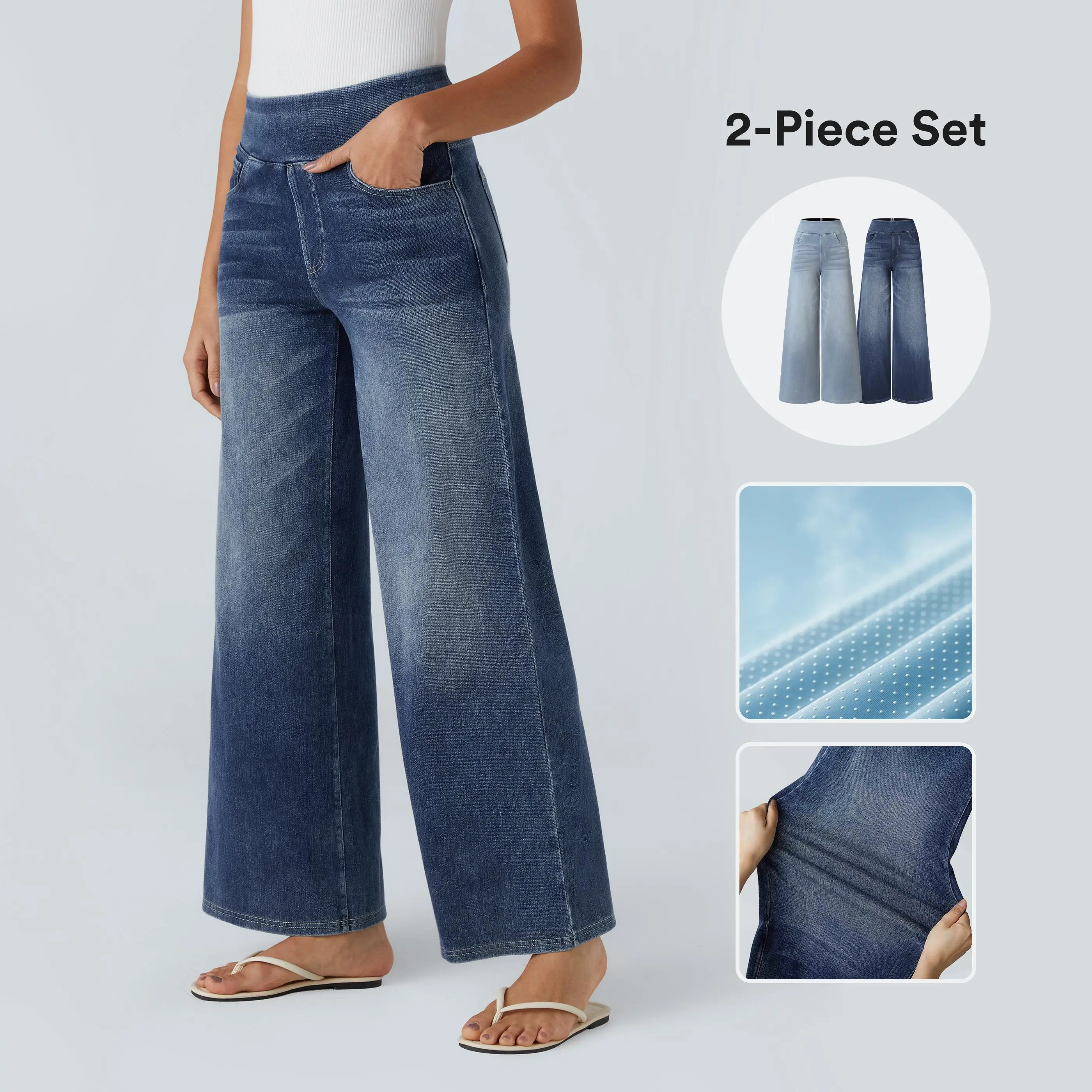 Halara 2-Piece Flex High Waisted Pockets Baggy Wide Leg Washed Casual Jeans set