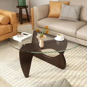 COSTWAY - Triangle Coffee Table with Tempered Glass Top and Adjustable Rubber Wood Base-Walnut